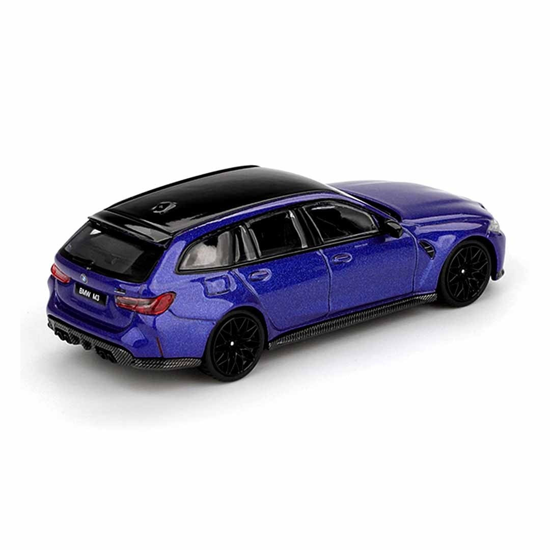 Mini GT #1090 BMW M3 Competition Touring Portimao Blue Metallic 1:64 diecast model car - rear three-quarter view