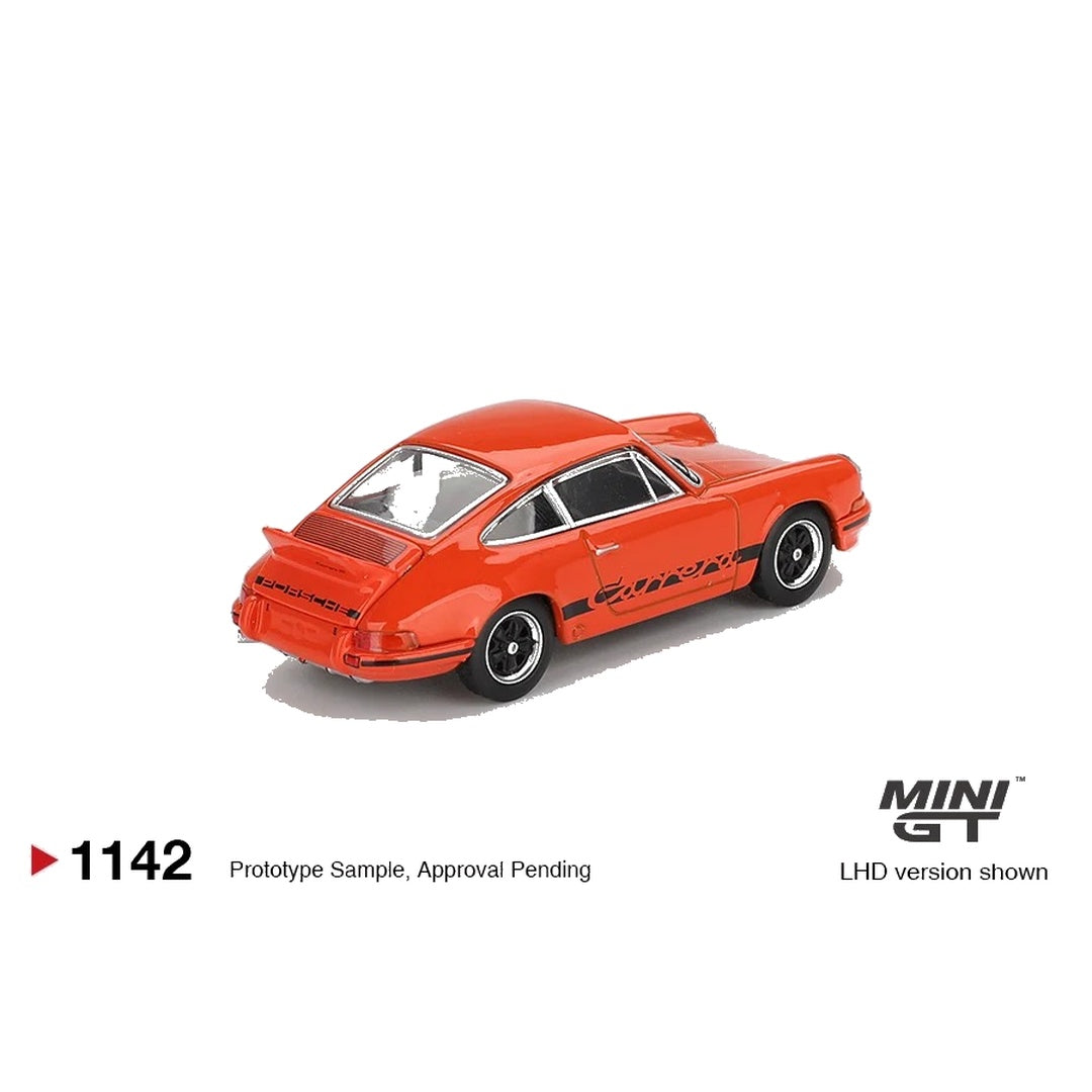 Mini GT #1142 Porsche 911 Carrera RS 2.7 Tangerine with Black Livery 1:64 diecast model car - rear three-quarter view
