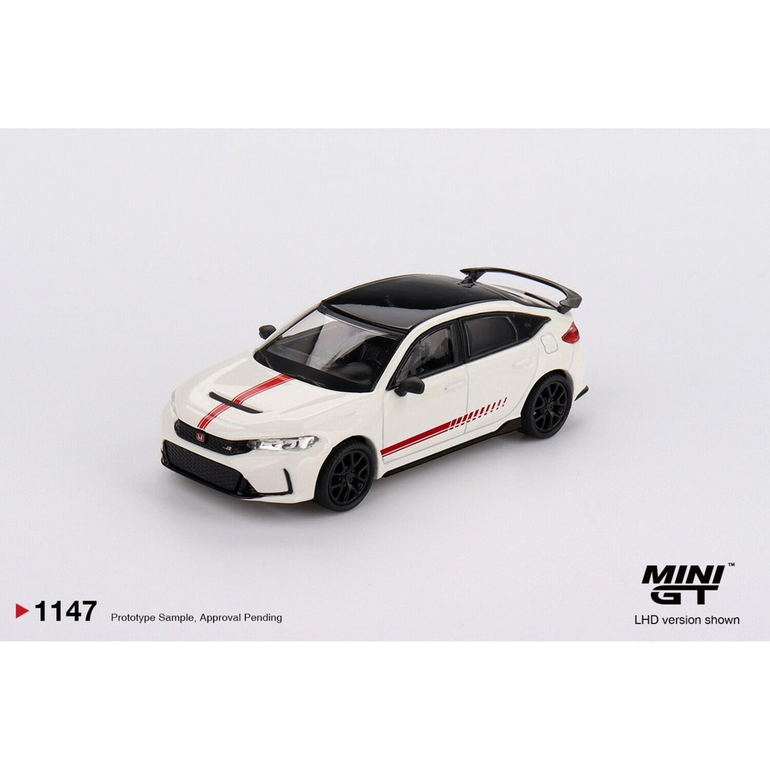 MINI GT #1147 Honda Civic Type R Ultimate Edition White With Blister 1:64 diecast model car, front three-quarter view