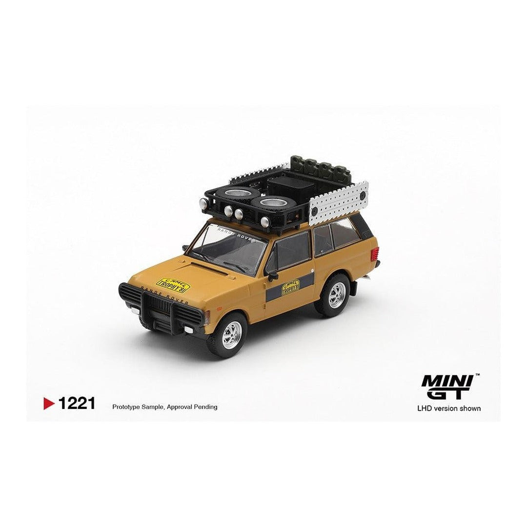 MINI GT #1221 Range Rover 1981 Camel Trophy Sumatra 1:64 diecast model car, front three-quarter view