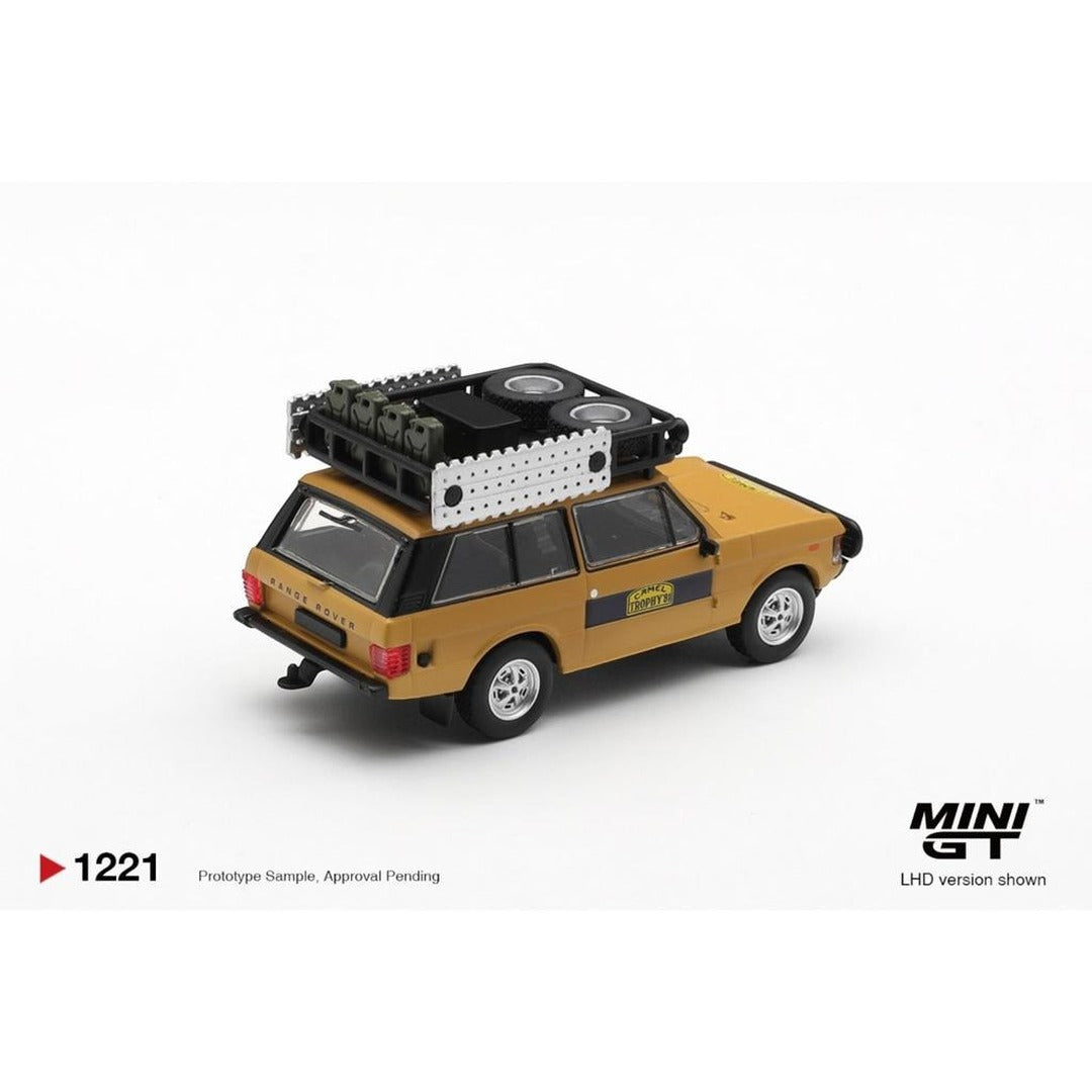 MINI GT #1221 Range Rover 1981 Camel Trophy Sumatra 1:64 diecast model car, rear three-quarter view