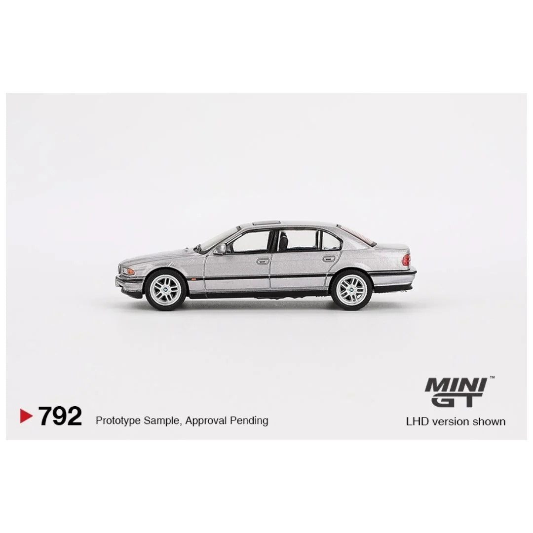 Mini GT #792 BMW 750iL Aspen Silver Metallic 1:64 diecast model car - side profile