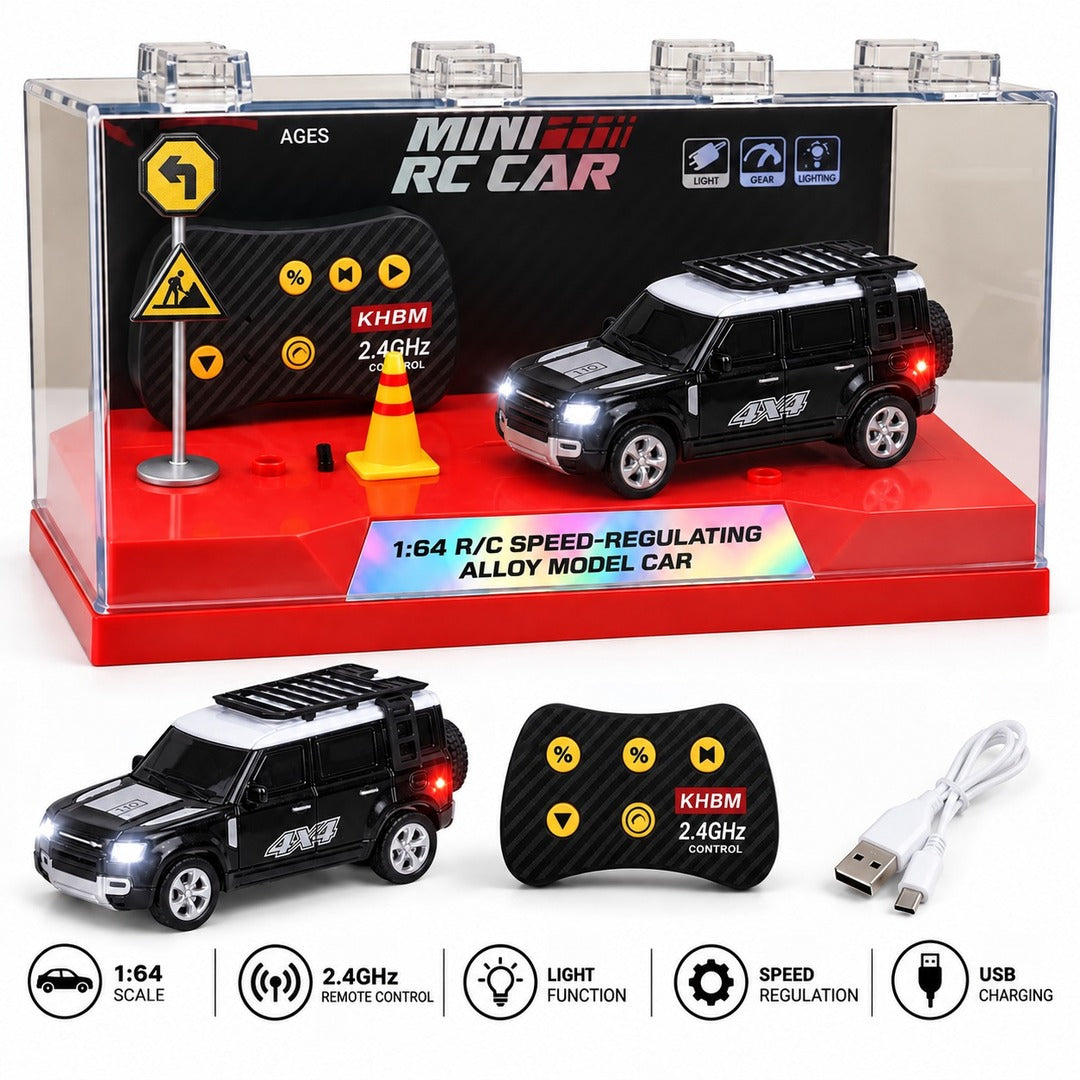 Mini RC Car Land Rover Defender 1:64 Scale Alloy Model Car with 2.4GHz Remote Control in display case