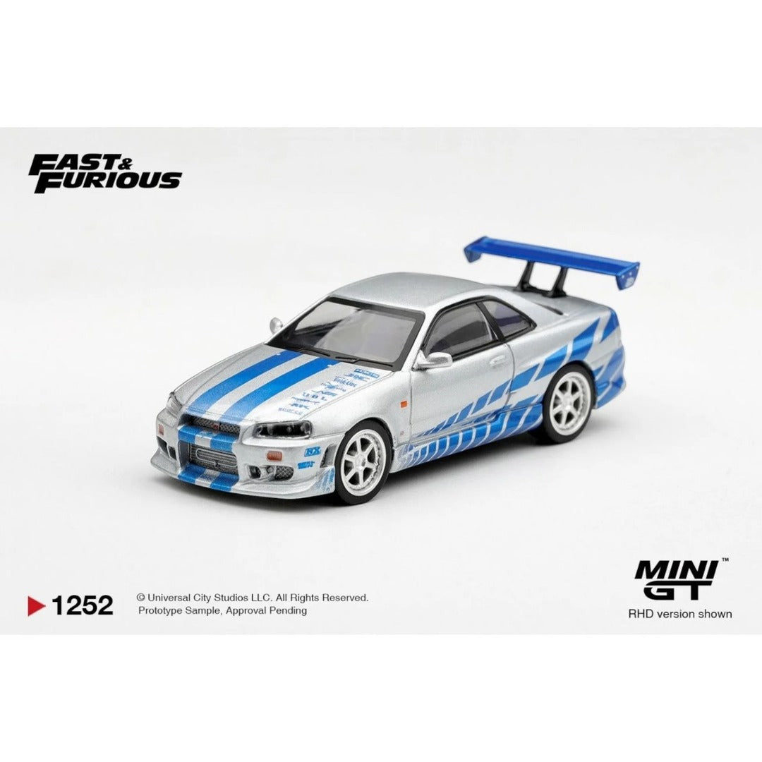 Mini GT 1252 Fast & Furious Nissan Skyline GT-R R34 1:64 diecast model front three-quarter view
