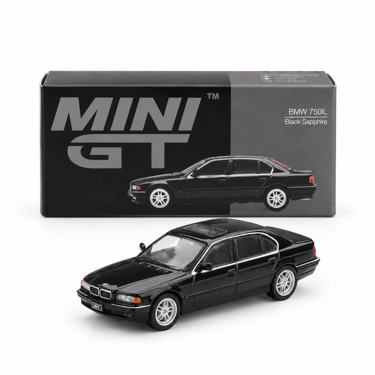 Mini GT #1242 BMW 750iL Black Sapphire - box and car