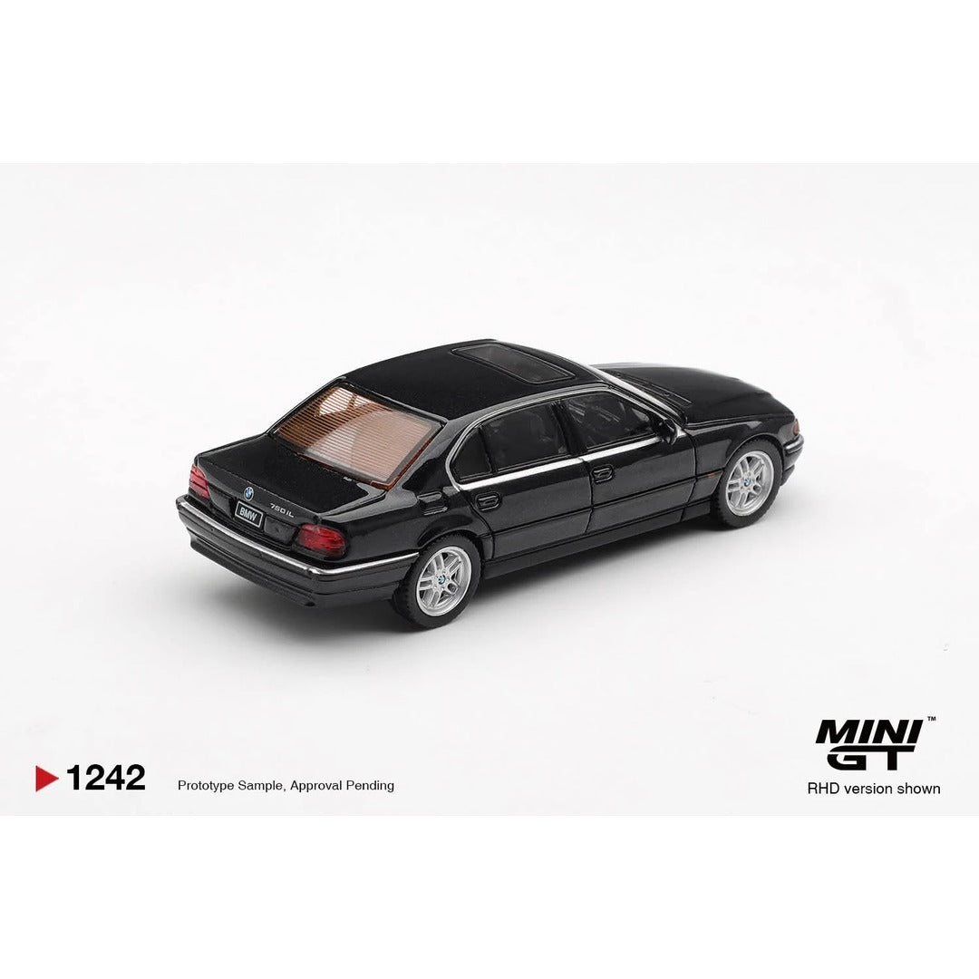 Mini GT #1242 BMW 750iL Black Sapphire - rear view