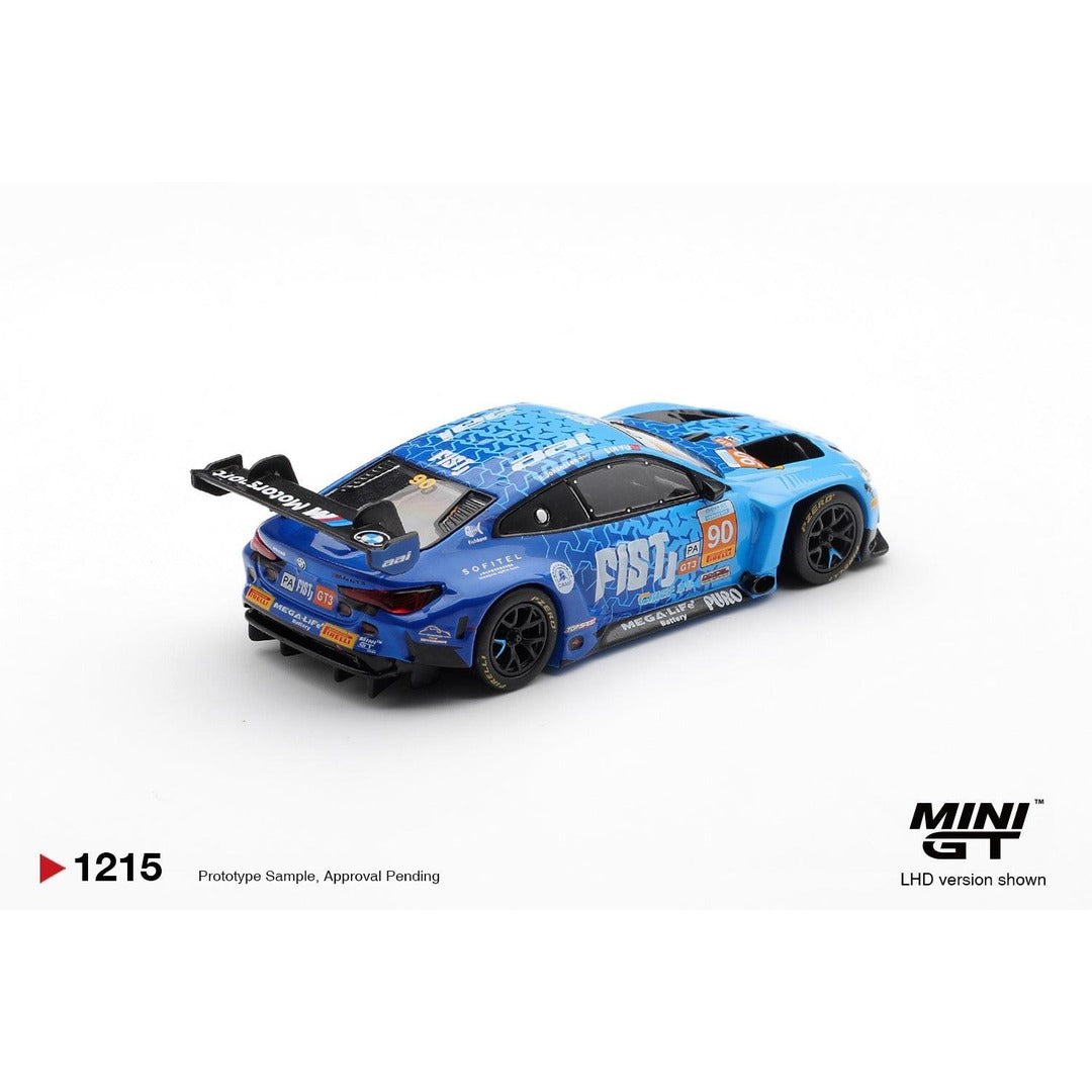MINI GT BMW M4 GT3 EVO #90 FIST Team AAI rear three-quarter view showing wing and livery