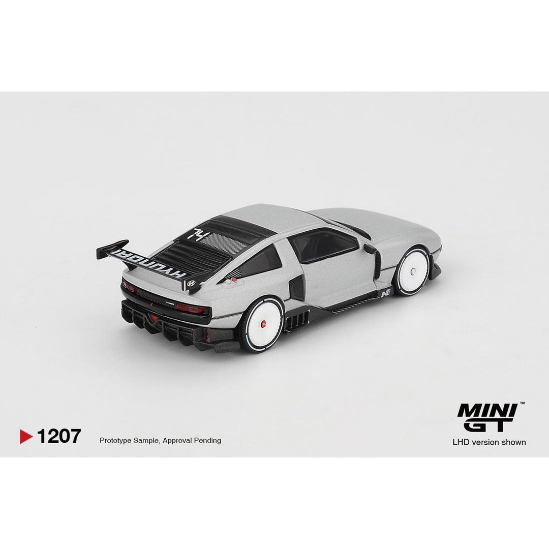 MINI GT Hyundai N Vision 74 Silver 1:64 Diecast Model Car rear three-quarter view