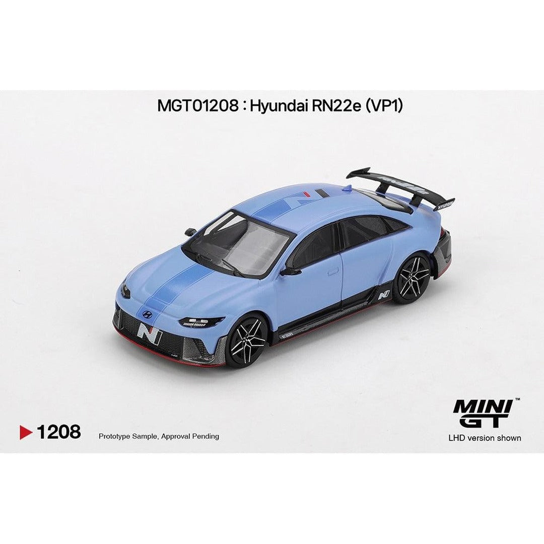 MINI GT Hyundai RN22e VP1 Light Blue front three-quarter view showing model number MGT01208