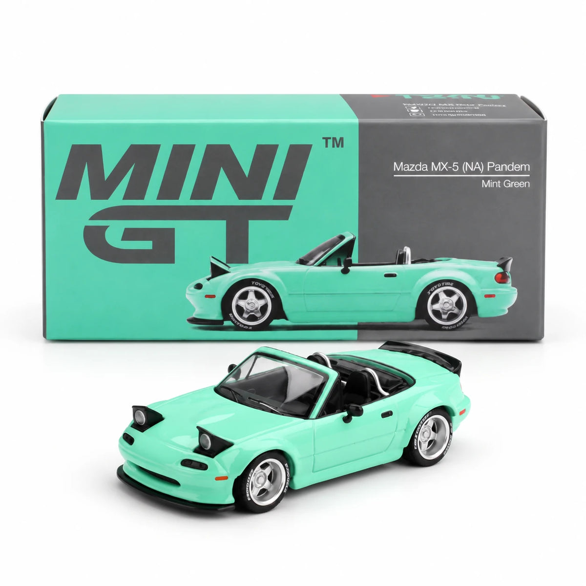 Mini GT #1249 Mazda MX-5 (NA) Pandem Mint Green - box and car