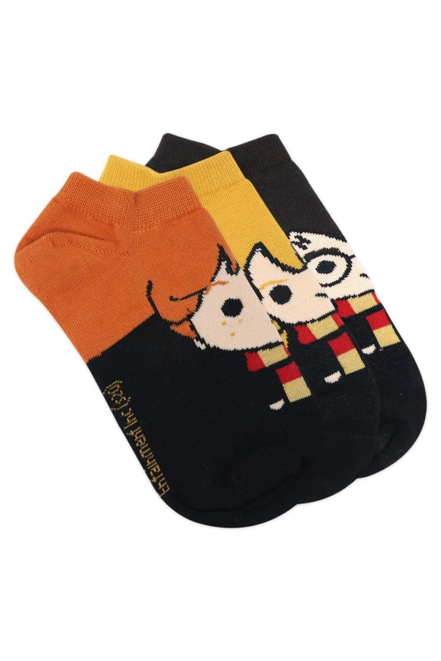 Harry Potter Character Lowcut Socks -Harry Ron & Hermione For Women (Pack Of 3 Pairs/1U) - Yellow, Brown & Orange - ThePeppyStore