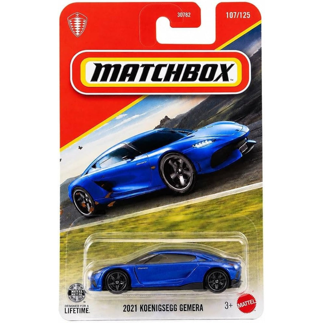 Matchbox Imported 1:64 Scale 2021 Koenigsegg Gemera blue diecast car in blister packaging