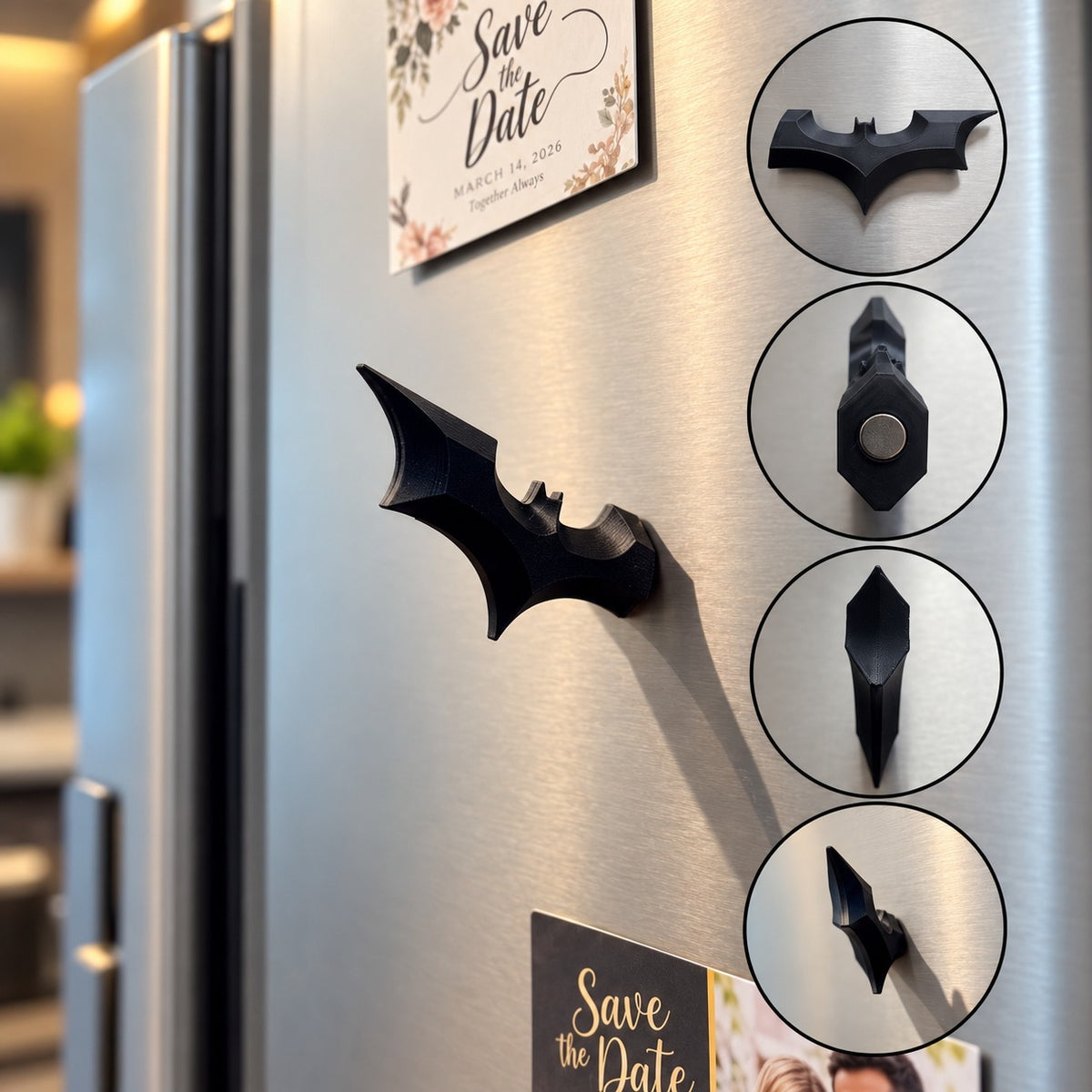 Bat Wing Fridge Magnet with mounting detail and on-fridge lifestyle shot