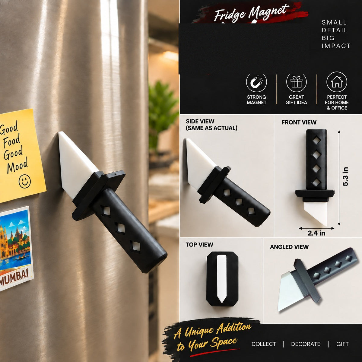 Sword Fridge Magnet with multiple views and on-fridge lifestyle shot