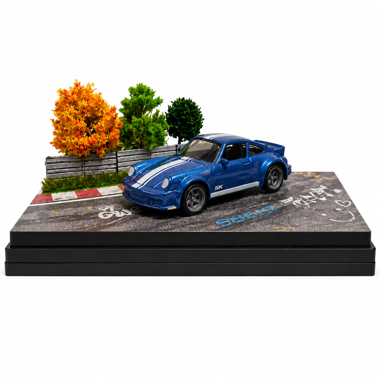 Blue Sports Car Miniature  1:64 Diorama Display – Premium Roadside Scene with Acrylic Case