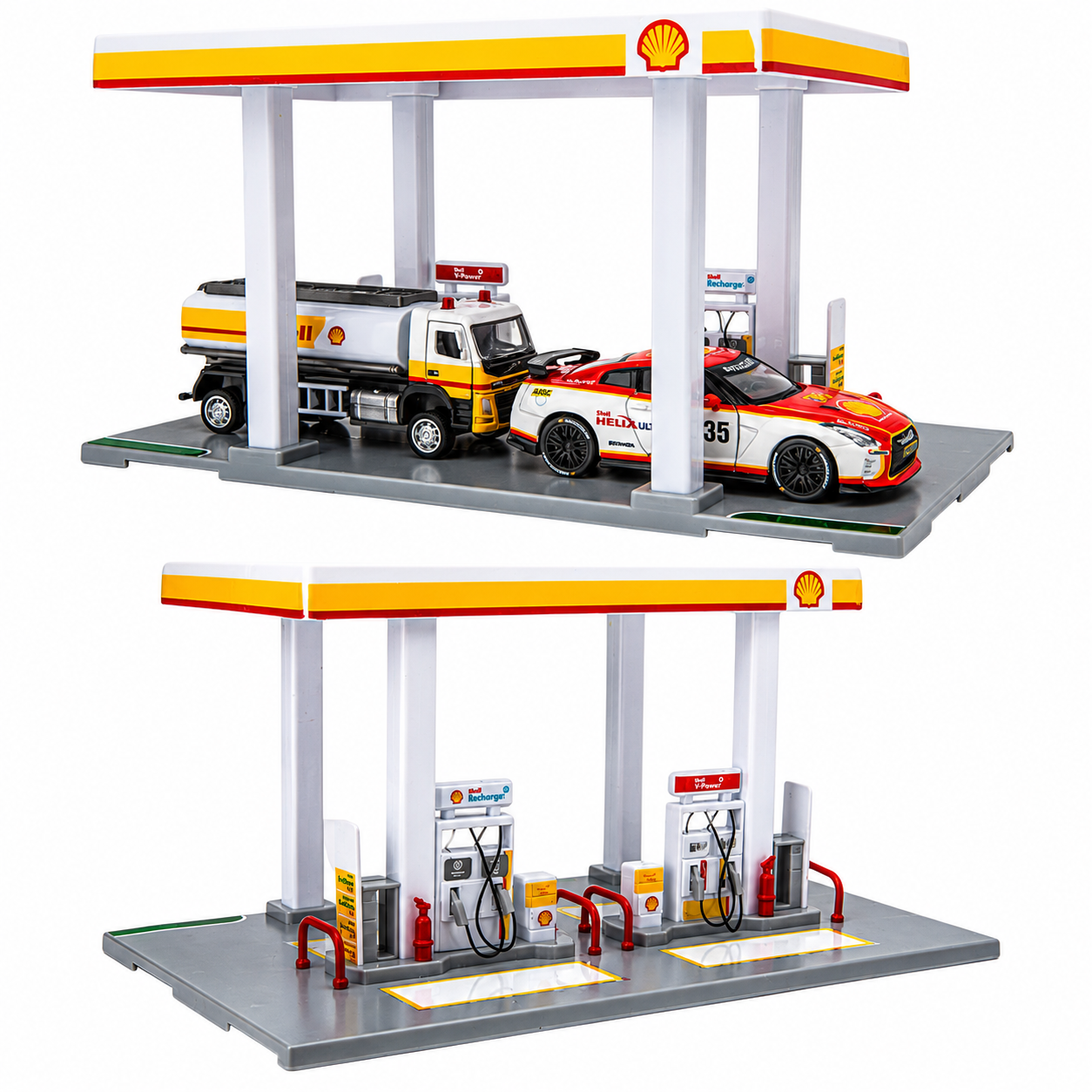 CCA Shell Gas Station Assembly Playset with Nissan GT-R & Shell Oil Tanker|Diorama