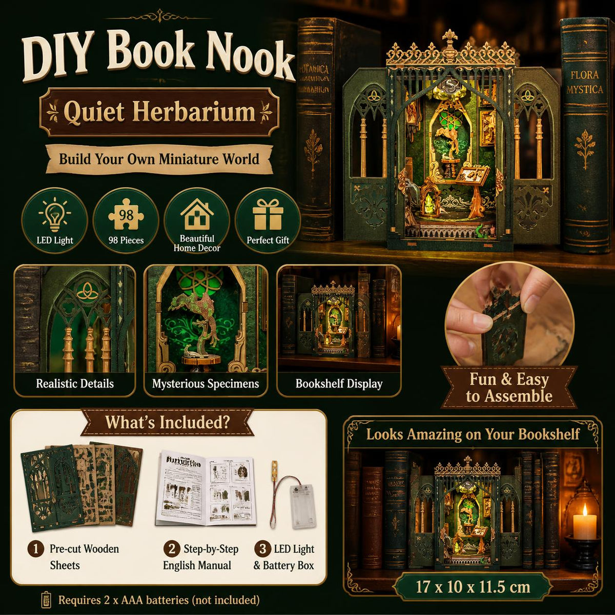 DIY Book Nook Quiet Herbarium miniature kit - what's included and features