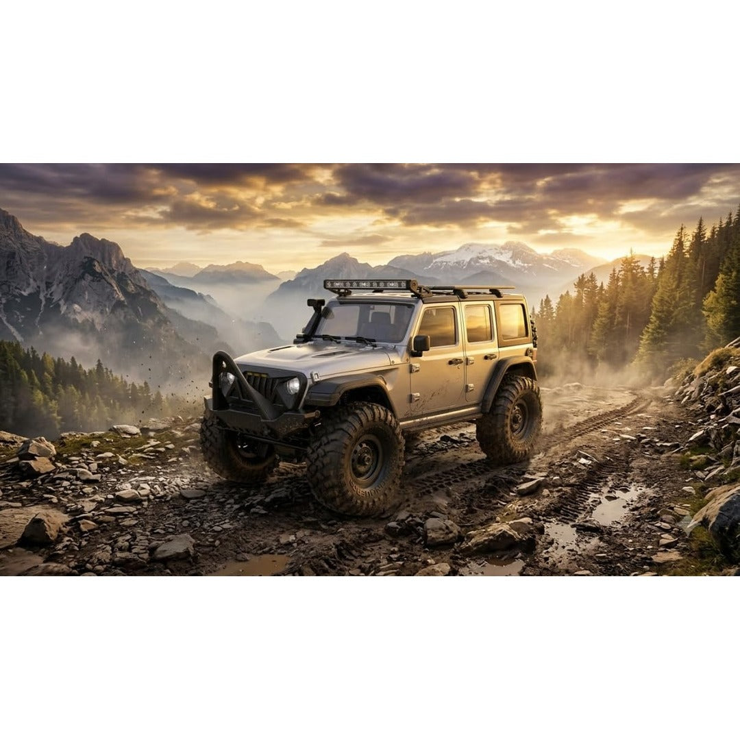 RC Jeep Wrangler Rock Crawler off-road mountain scene