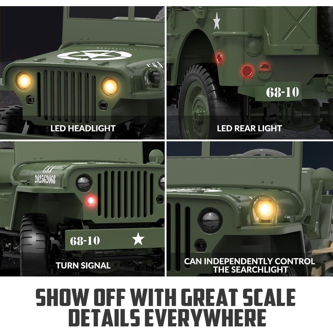 RC Military Jeep LED headlight and rear light features