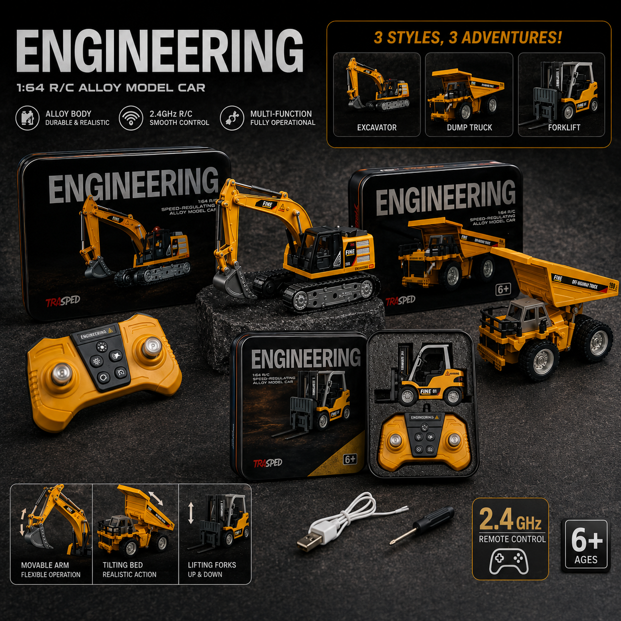 Remote Control Engineering 1:64 Remote Control Alloy Construction Vehicle ( Set of 3)