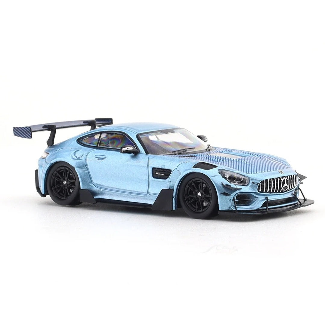 Rhino Model Mercedes-AMG GT S Widebody Sky Blue Chrome front three-quarter view