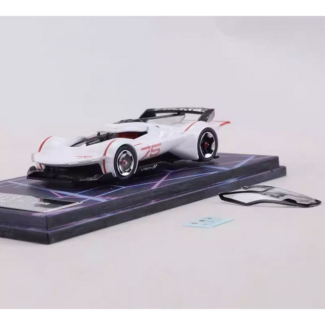 LMF Ferrari Vision Gran Turismo White front three-quarter view on display base