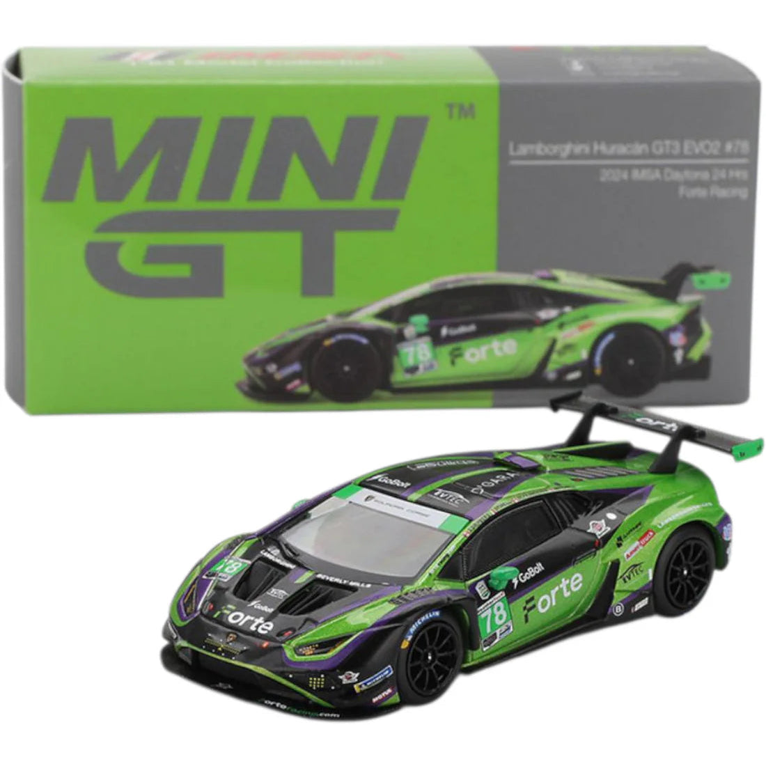 Mini GT Set of 2 Imported Code 1062 AND Code 1110 - Lamborghini Huracán GT3 EVO2 #78 2024 IMSA Daytona 24 Hrs Forte Racing AND Volkswagen ID. Buzz - Candy White / Pomelo Yellow