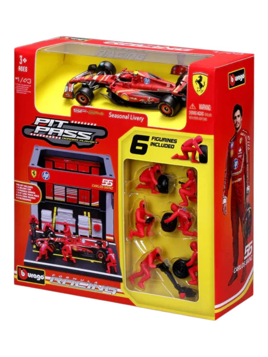 Bburago Garage Kit Pit Stop Ferrari with SF-24 #55 Carlos Sainz Diecast Model Set – 1:43 Scale