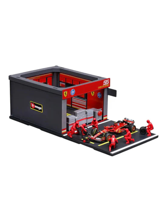 Bburago Garage Kit Pit Stop Ferrari with SF-24 #55 Carlos Sainz Diecast Model Set – 1:43 Scale