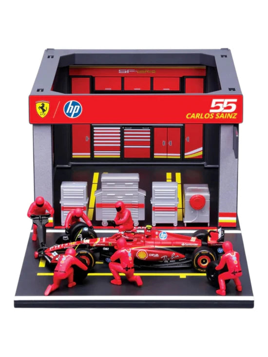 Bburago Garage Kit Pit Stop Ferrari with SF-24 #55 Carlos Sainz Diecast Model Set – 1:43 Scale