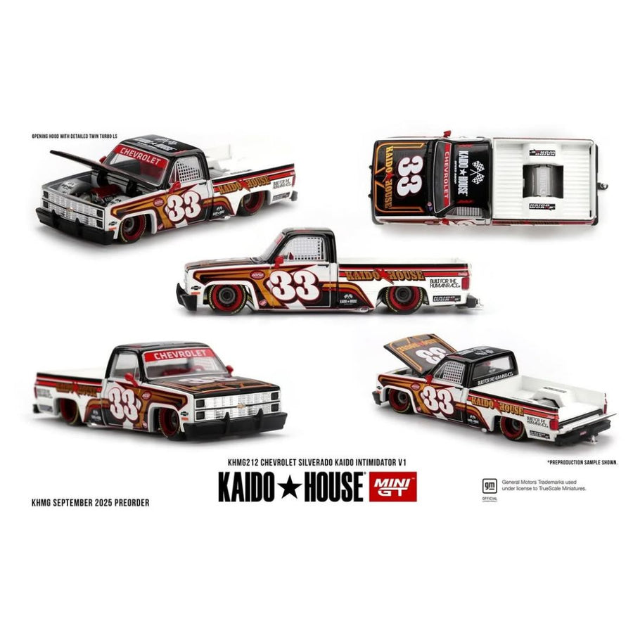 Kaido House Mini GT Chevrolet Silverado Kaido Intimidator V1 #33 Diecast Pickup Truck 1:64 Scale Collectible Model Car