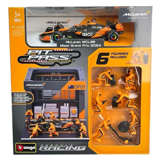 Bburago Garage Kit McLaren MCL38 Formula 1 Pit Stop Scene Oscar Piastri #81 Diecast Model Set – 1:43 Scale