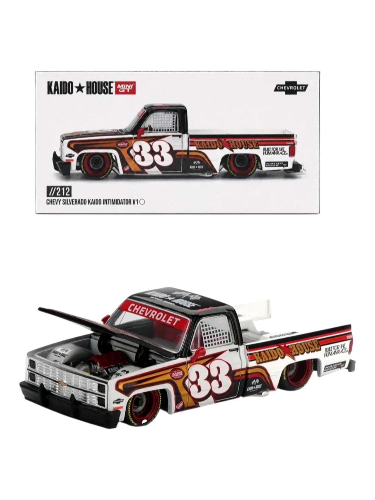 Kaido House Mini GT Chevrolet Silverado Kaido Intimidator V1 #33 Diecast Pickup Truck 1:64 Scale Collectible Model Car