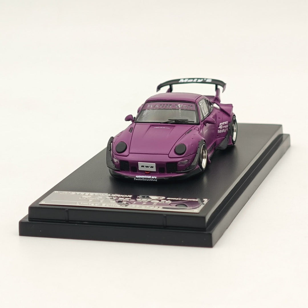Street Warrior Ghost Player Porsche RWB 993 Purple front three-quarter view on display base