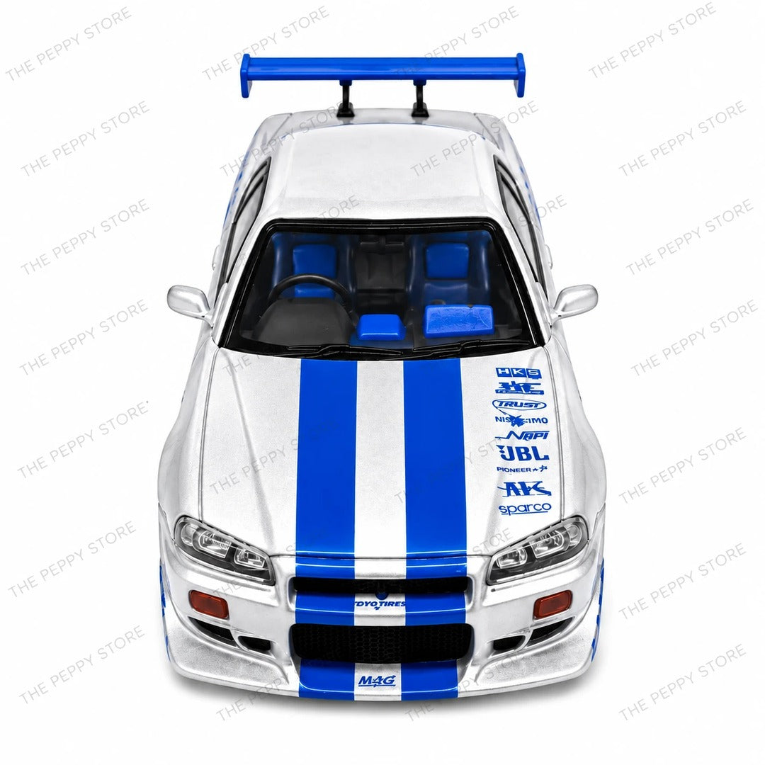 Time Micro C-WEST R34 Nissan Skyline GT-R top front view showing hood graphics