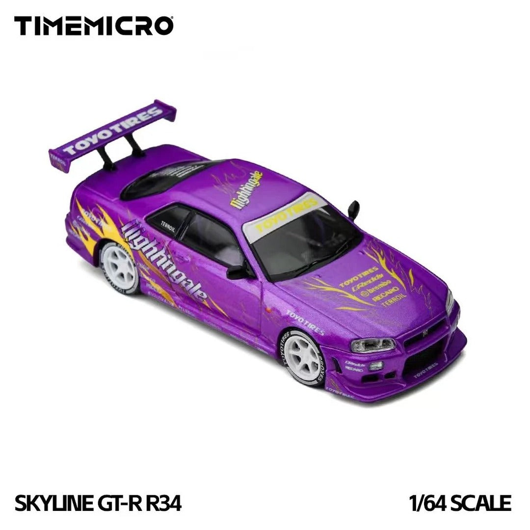Time Micro Nissan Skyline GT-R R34 Nightingale Purple rear three-quarter view showing wing