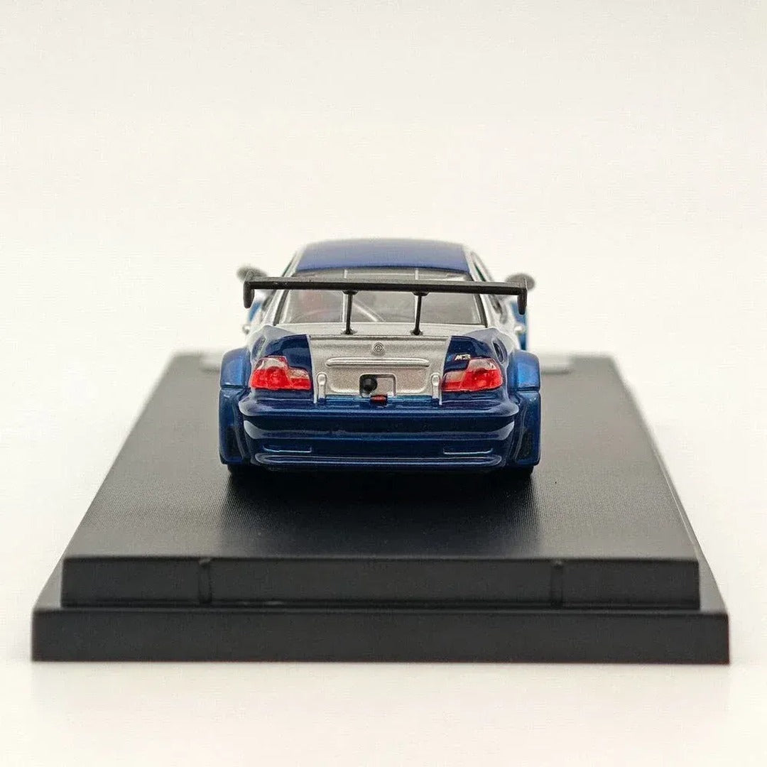 PRE-ORDER Ghost Player BMW M3 E46 GTR Blue Silver 1:64 diecast model car, rear view showing GT wing