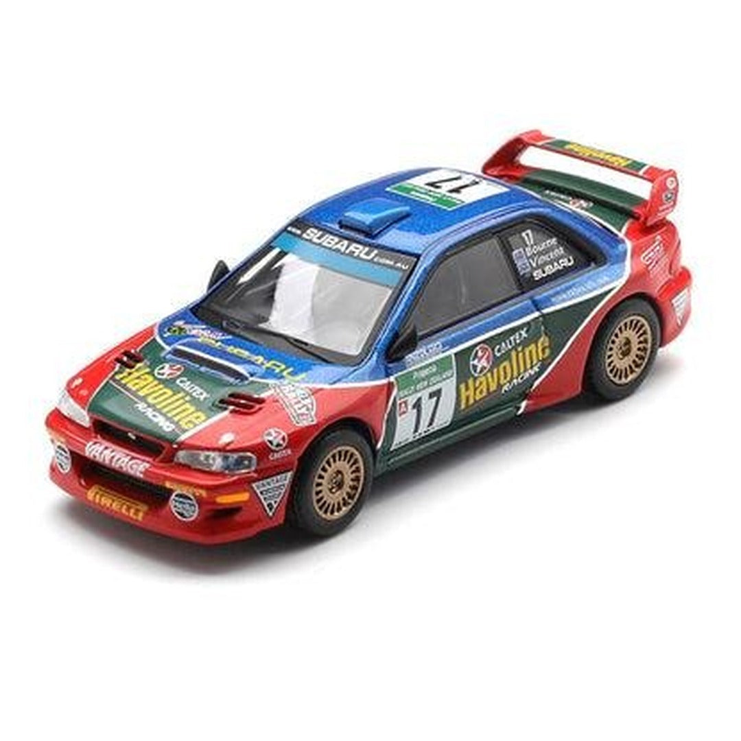 MINI GT 1211 Subaru Impreza WRC98 #17 2000 Rally New Zealand 1:64 diecast model car, front three-quarter view