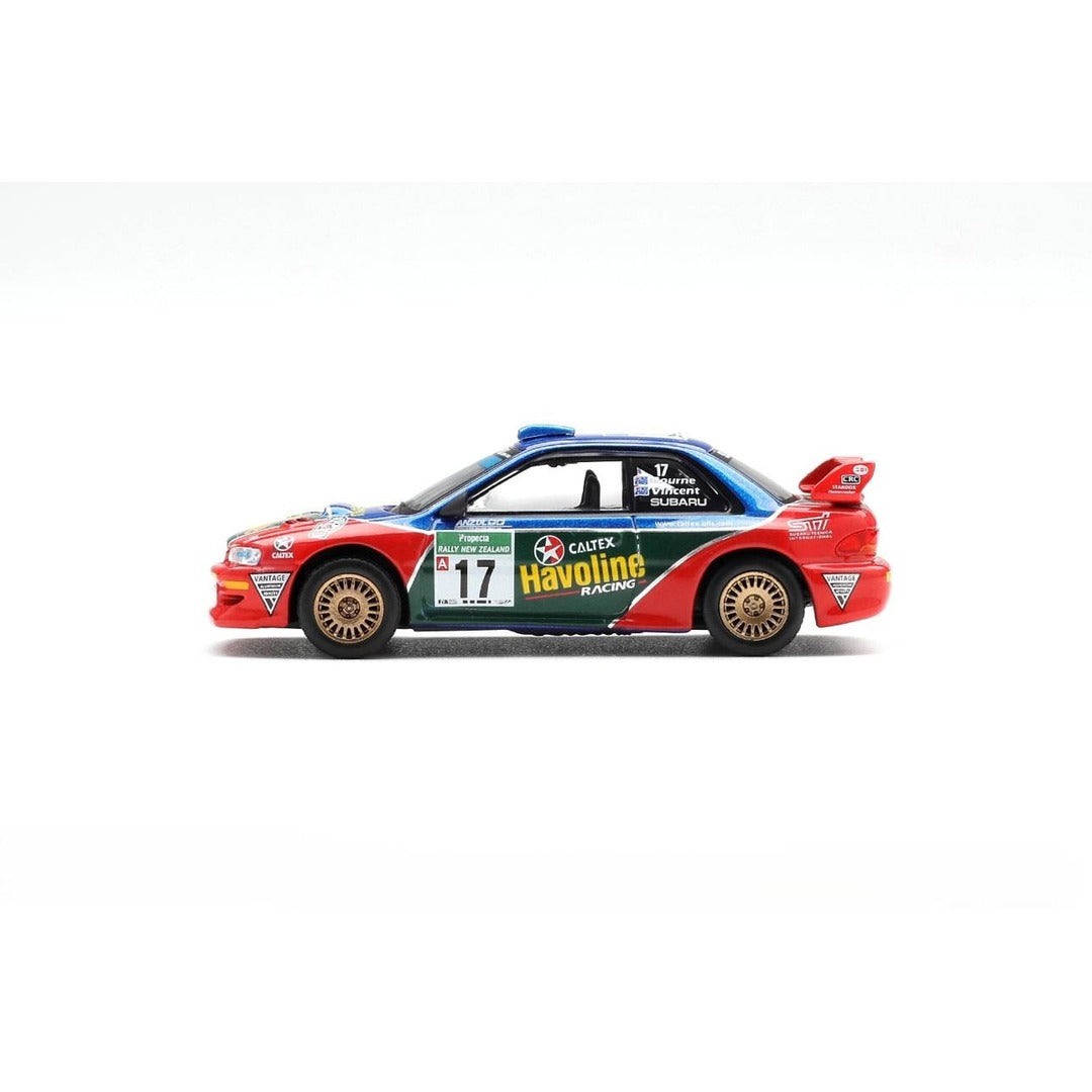 MINI GT 1211 Subaru Impreza WRC98 #17 2000 Rally New Zealand 1:64 diecast model car, side profile view