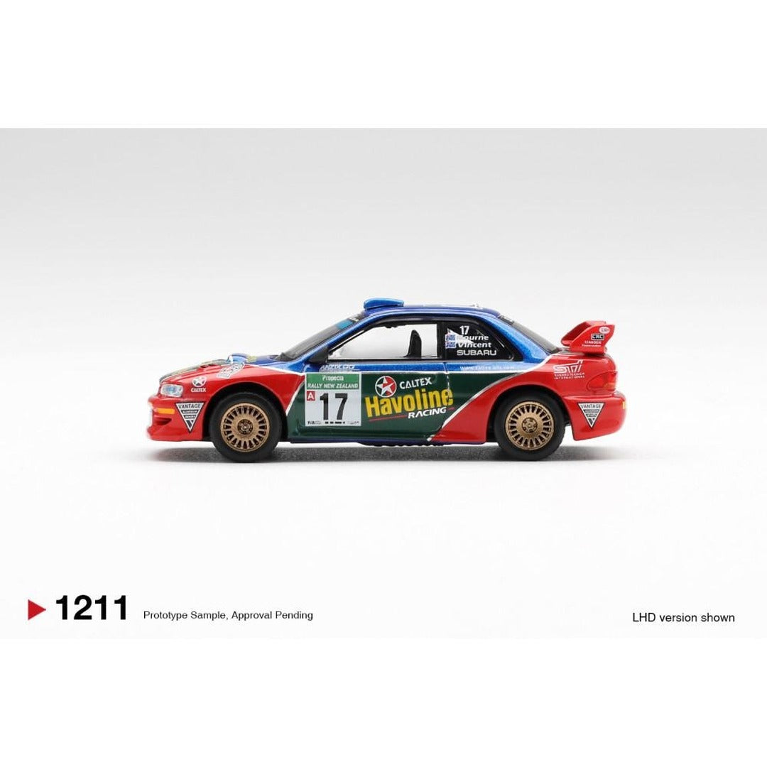 MINI GT 1211 Subaru Impreza WRC98 #17 2000 Rally New Zealand 1:64 diecast model car, promotional side view, model code 1211
