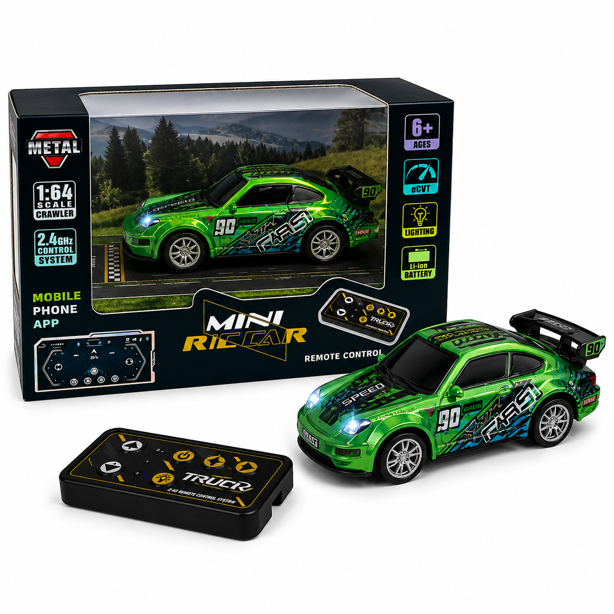 Trasped Porsche Style Mini Remote Control Racing Car with LED Lights, 2.4GHz Remote & App Control(Green))
