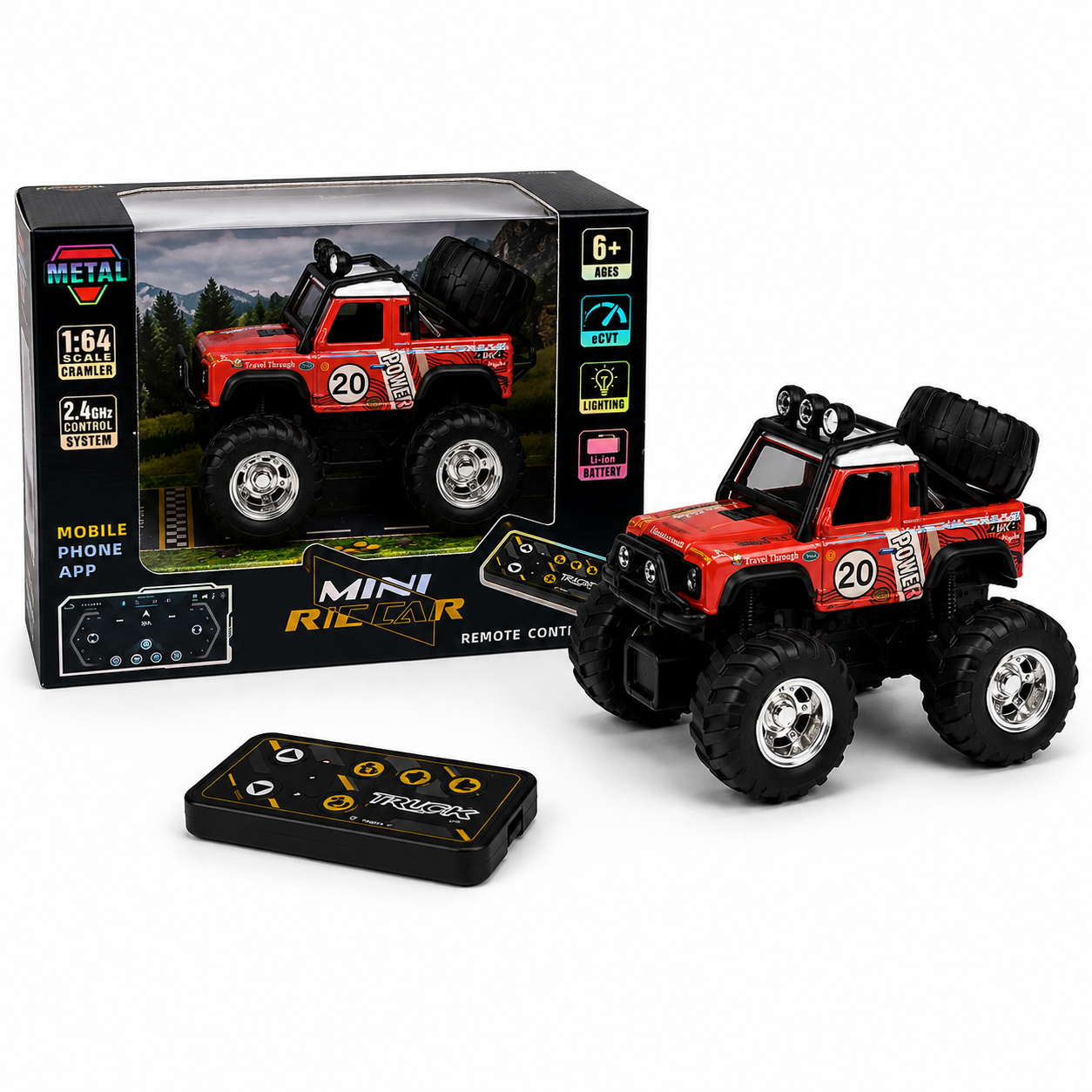 Trasped Mini Remote Control Monster Truck with LED Lights, 2.4GHz Remote & App Control (Red)
