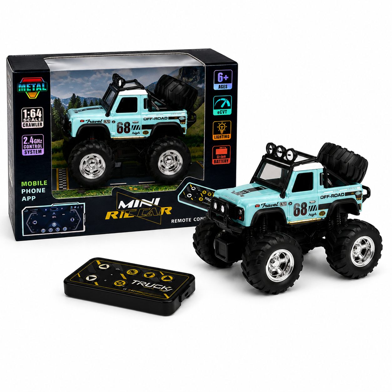 Trasped Mini Remote Control Monster Truck with LED Lights, 2.4GHz Remote & App Control (Light Blue)