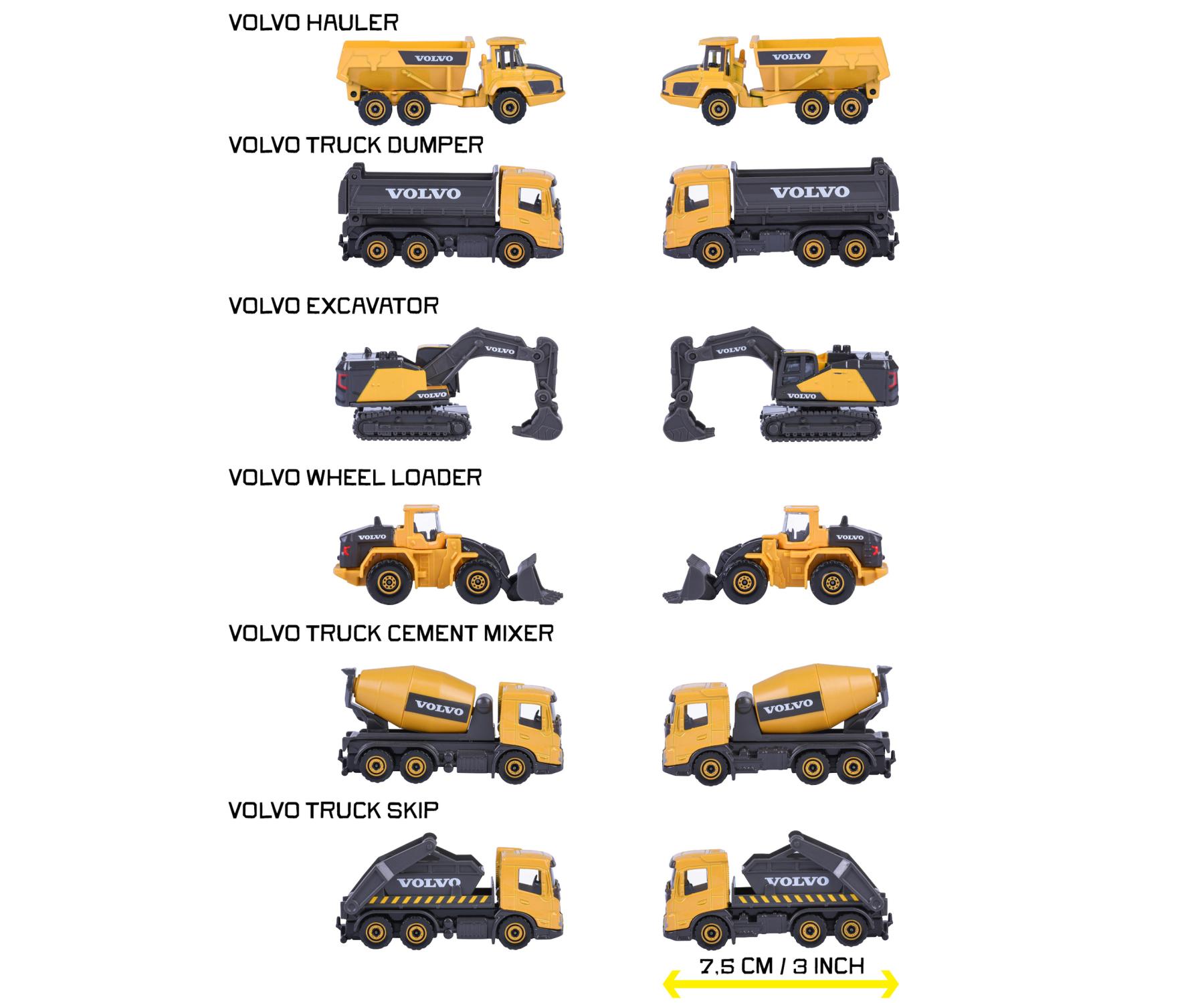 Majorette Volvo Construction Premium Cars, 6-asst. with Freewheel and Opening Parts Car Model - Set of 6