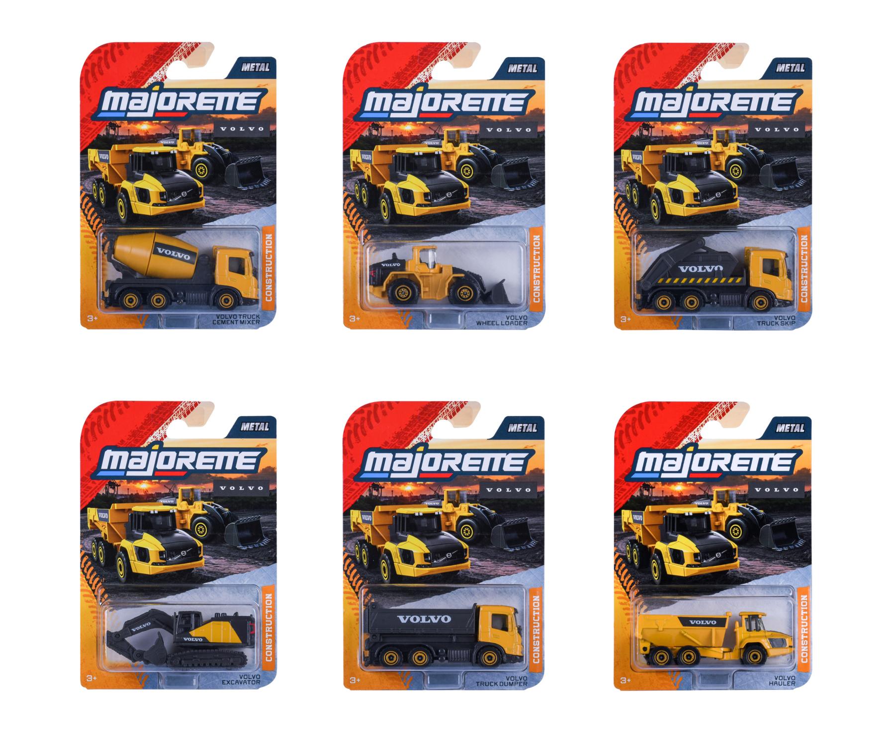 Majorette Volvo Construction Premium Cars, 6-asst. with Freewheel and Opening Parts Car Model - Set of 6
