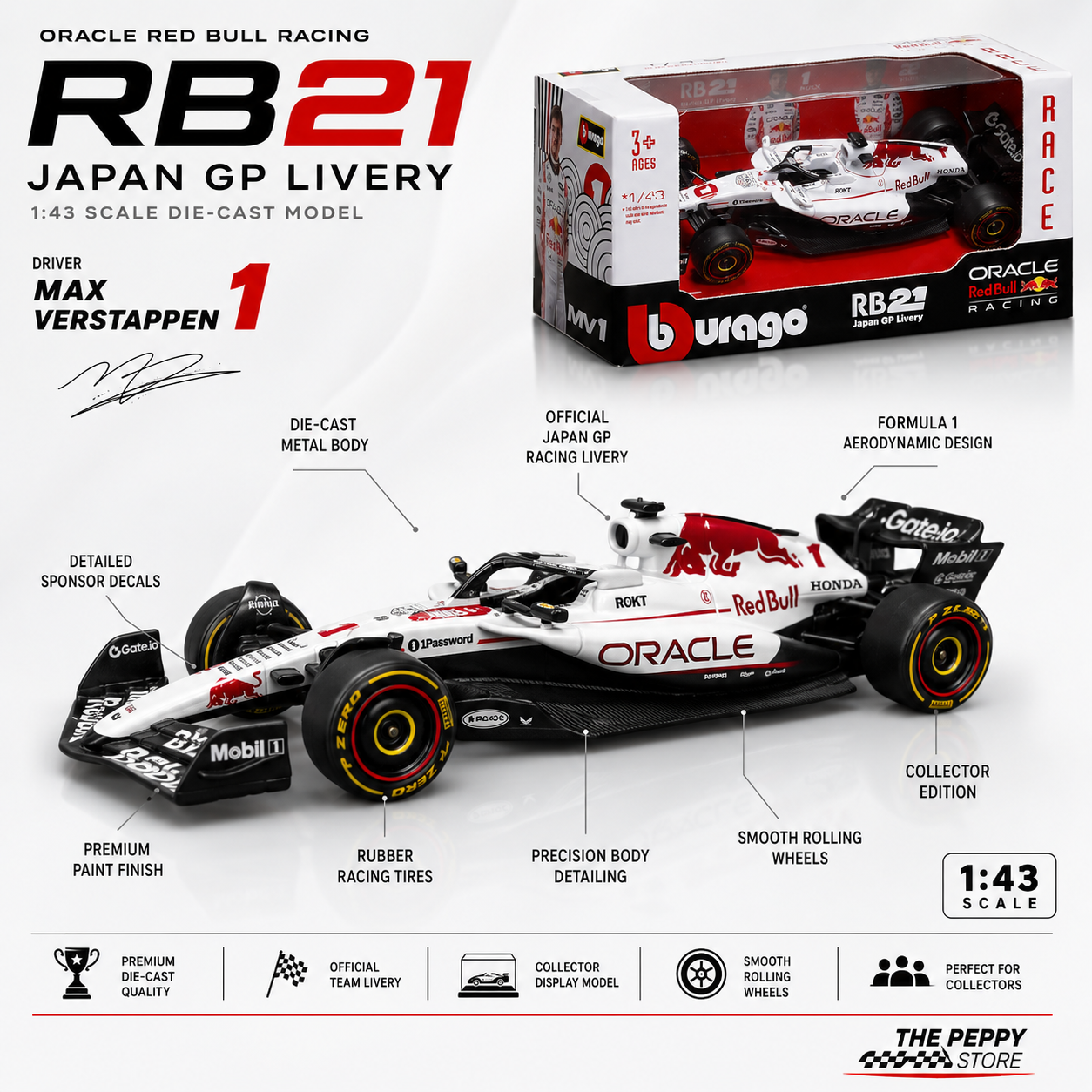 Bburago - 1/43 Scale Model - Oracle RedBull Racing RB21 2025 Japan GP Livery #1 Max Verstappen Formula F1 Diecast Car Model