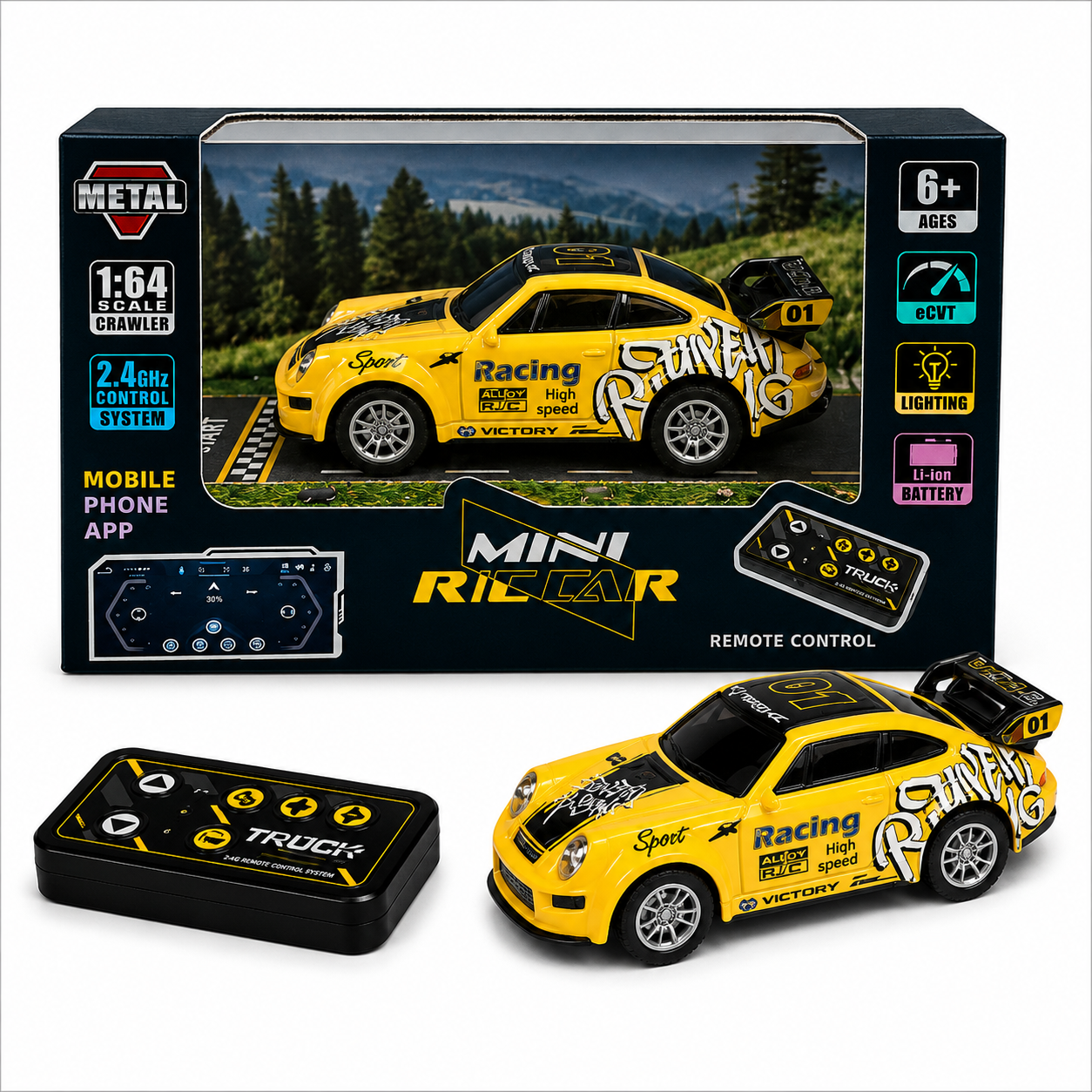 Trasped Porsche Style Mini Remote Control Racing Car with LED Lights, 2.4GHz Remote & App Control(Yellow)