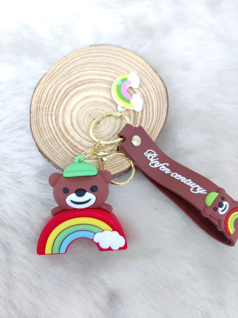 Bear on Rainbow Silicon Keychains with Bagcharm and Strap - ThePeppyStore