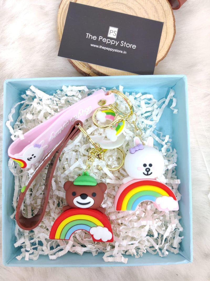 Bear on Rainbow Silicon Keychains with Bagcharm and Strap - ThePeppyStore