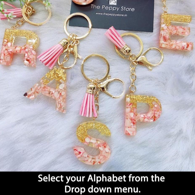 Letter Resin Art Keychain With Bagcharm - Pink - ThePeppyStore
